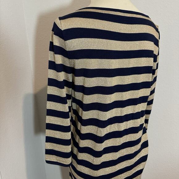 Ralph Lauren Sweater Dress Neutral Metallic Stripes Midi Office Bodycon Casual - Picture 10 of 12